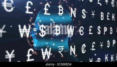 Featuring blue dotted mesh head facing left in data network, with floating currency symbols Stock Photo