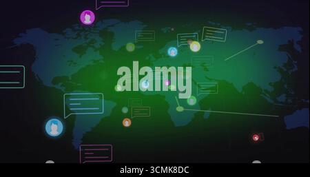 Displaying world map on screen, featuring speech bubbles, avatar icons, glowing connection lines Stock Photo