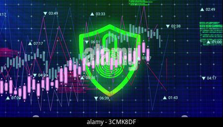 Interface displaying pink?white candlesticks, purple?blue lines on grid with shield?icon code?text Stock Photo