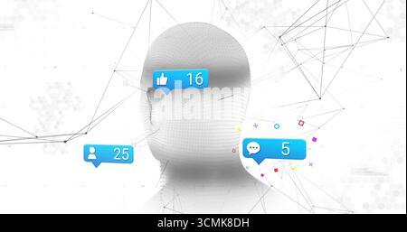 Wireframe head floating in digital network, with blue thumbs-up 16, user bubble 25, speech bubble 5 Stock Photo