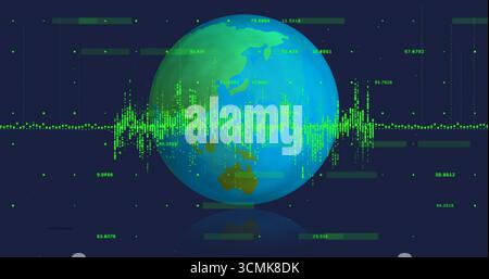 Displaying 3D globe pulsating with green waveform on dashboard, numeric labels and dot clusters Stock Photo
