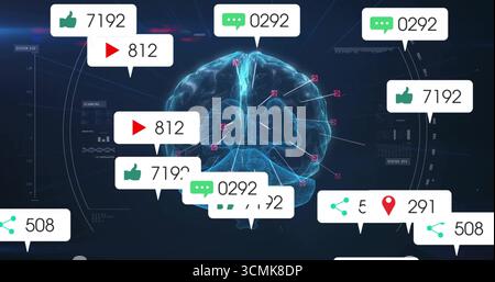 Floating holographic brain mapping neural paths in dark UI, with HUD speech-bubble social counters Stock Photo