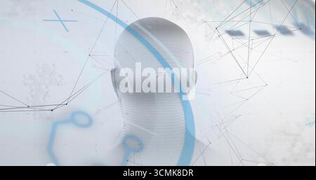 Displaying white 3D head sculpture facing away in visualization, with blue arcs and network lines Stock Photo