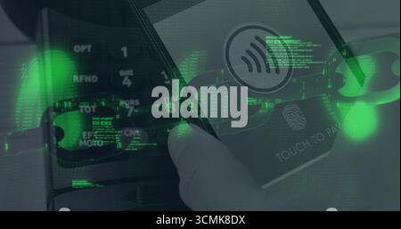 Tapping smartphone displaying TOUCH TO PAY fingerprint icon over terminal, blockchain visuals Stock Photo