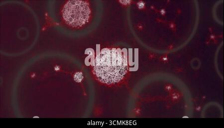 Featuring large fractal sphere cluster floating in digital art, with rings, red tracery and dots Stock Photo