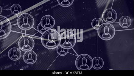Displaying user-profile icons connecting with lines over dark code UI, diagonal line, code snippets Stock Photo