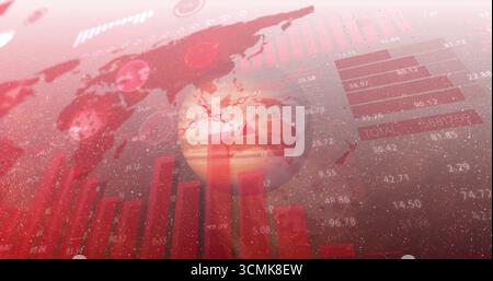 Displaying dashboard showing world map overlay, globe, red bars, line graph markers, data labels Stock Photo