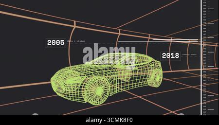 Displaying green wireframe sedan inside grid tunnel, with 2005–2018 timeline labels and connector Stock Photo