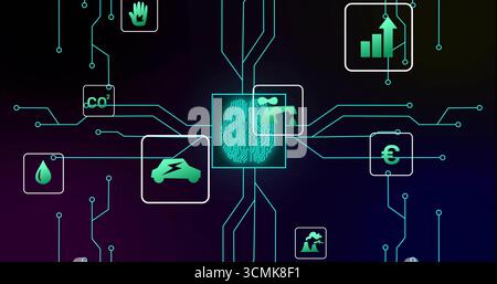 Displaying fingerprint icon emitting neon-green circuits on gradient panel, connecting square icons Stock Photo