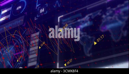 Displaying interface on screen, with jagged line charts on red grid, yellow time markers, widgets Stock Photo