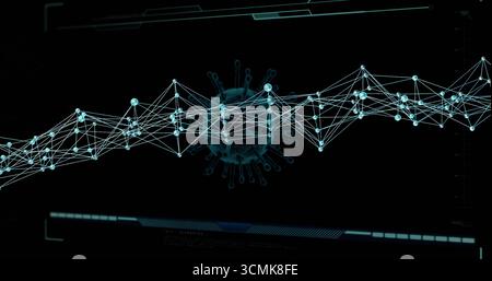 Displaying virus particle overlaying glowing node network on analysis dashboard with UI elements Stock Photo