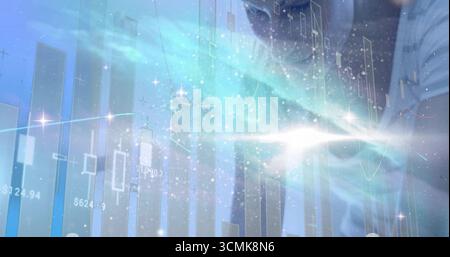 Displaying candlestick, bar and line charts with numeric labels in cosmic nebula, with sparkles Stock Photo