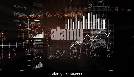 Displaying grid panels floating within virtual interface, with math formulas and charts Stock Photo