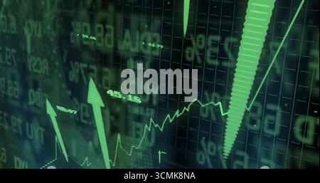 Displaying green upward arrow rising on trading interface grid, with jagged line graph, copy space Stock Photo