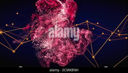 Swirling pinkish-red particle cloud forming golden lines and spherical nodes in virtual space Stock Photo