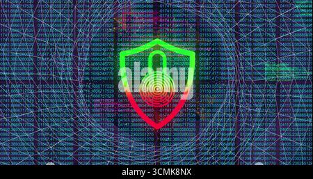 Displaying shield icon with padlock above fingerprint rings in network, code grid and circuit lines Stock Photo