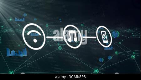 Three white icons streaming music and showing smartphone in digital display, with hexagonal nodes Stock Photo