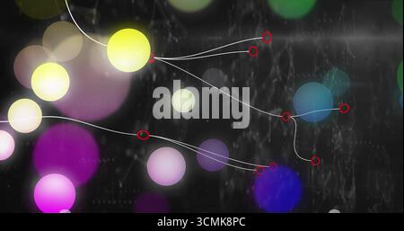 Displaying virtual data visualization showing colored orbs connecting by white lines and red nodes Stock Photo