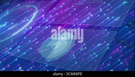 Displaying circular radar widget floating within neon grid, with particles streaming as neon trails Stock Photo