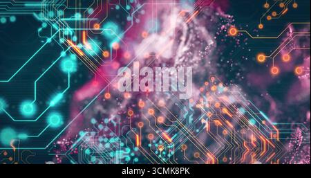 Displaying glowing circuit traces, nodes on blue-black canvas, with light particles, misty textures Stock Photo