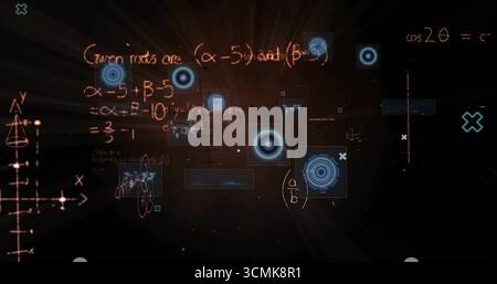Rendering math panel in virtual space, showing glowing equations, grids, waveform plots and targets Stock Photo