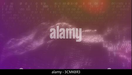 Undulating 3D digital wave shifting across data visualization space, with floating binary code Stock Photo