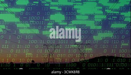 Displaying two transmission towers linking power cables on hillside at dusk, with binary overlay Stock Photo