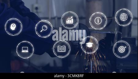 Worker grinding steel in workshop wearing gloves, using angle grinder, with digital analytics icons Stock Photo