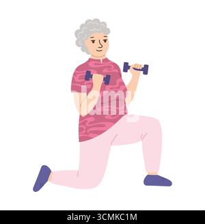 Elderly women doing sports exercises with dumbbells. Health exercise adult lady senora on rehabilitation. Characters old lady therapeutic fitness gymnastics, yoga class, Pilates vector design Stock Vector