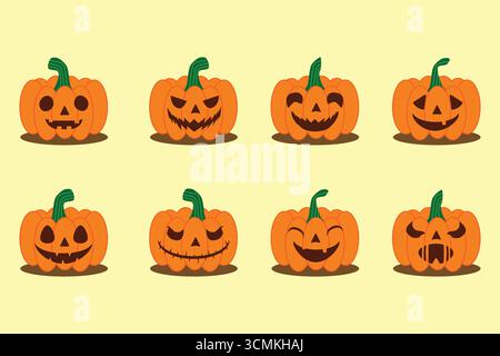 Flat Illustration for Halloween with a variety of cheerful and spooky pumpkins Perfect for festive designs, autumn themes, and holiday-themed Stock Vector