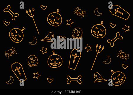 A seamless Halloween pattern featuring pumpkins, skulls and spiders brings spooky fun to backgrounds, party invitations, and seasonal designs. Stock Vector
