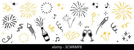 Firework new year set. Doodle firework sparkles for New Year celebration, golden burst and festive elements for birthday or party decor. Hand drawn style for a firework themed vector illustration Stock Vector