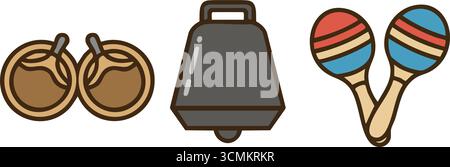 A compact selection of handheld instruments featuring wooden castanets a bold cowbell and colorful maracas for musical accents Stock Vector