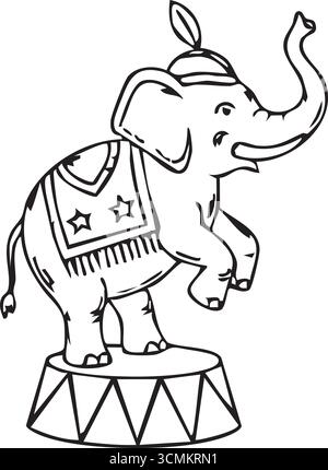 A playful elephant with a patterned blanket and raised trunk balancing on a star trimmed pedestal in simple outline Stock Vector