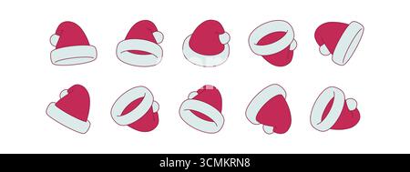 Isometric 3D style Santa hat icons set in multiple rotation views. Flat vector illustration for Christmas, New Year, holiday decoration and festive Stock Vector