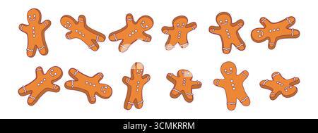 Isometric 3D style gingerbread man cookies set in multiple rotation views. Flat vector illustration for Christmas, New Year, holiday food, decoration Stock Vector