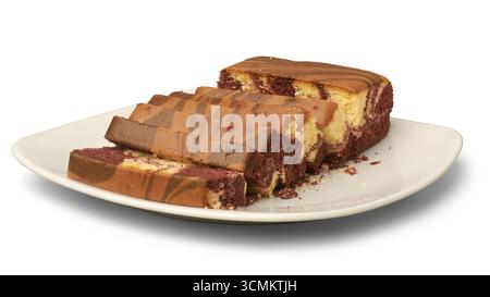 slices of butter cake or marble cake on a plate isolated white background, swirled light and dark colors, delicious sweet treat taken from side view Stock Photo