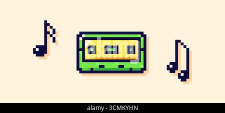 8 bit Y2K pixel color audio cassette and two notes. Stock Vector