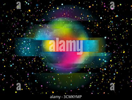 Colorful distorted circle and particles abstract geometric grunge background. Liquid holographic gradient glitch sphere. Vector design Stock Vector