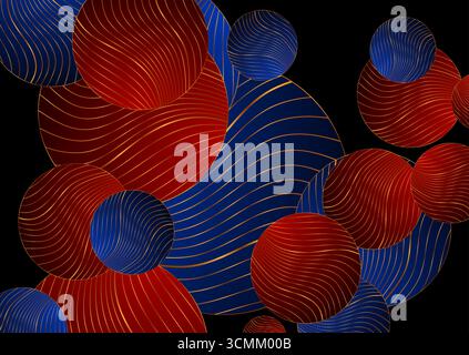 Red and blue abstract background with circles and golden wavy pattern. Art deco ornament vector design Stock Vector