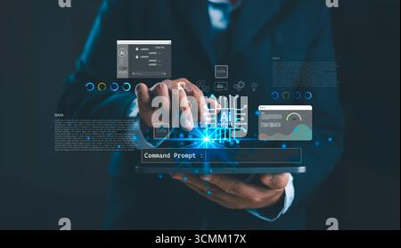 Businessman using AI agents with futuristic interface on tablet. Concept of artificial intelligence, data analytics, automation and digital transforma Stock Photo
