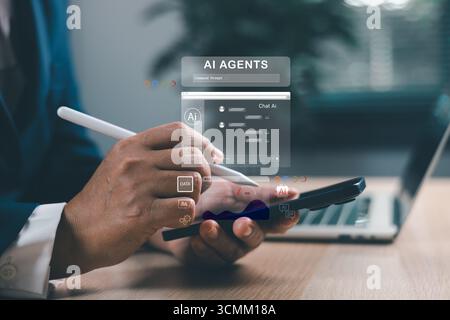 Businessman using smartphone with AI agents holographic interface. Artificial intelligence for chat, data analytics, automation and digital transforma Stock Photo