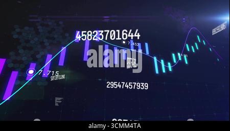 Displaying 3D chart showing changing trend in 3D interface, with purple bars glowing line numbers Stock Photo