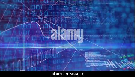 Displaying data visualization floating in grid space, with binary code and financial line graphs Stock Photo