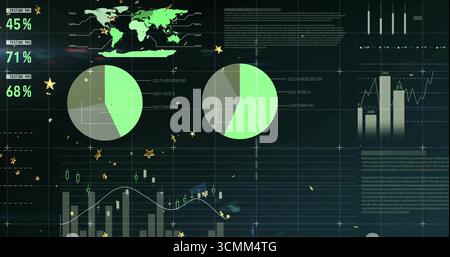 Displaying data dashboard on dark screen, with world map, pie charts, metrics and bar chart overlay Stock Photo