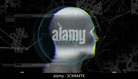 Rotating mesh head glowing in digital environment, with dotted matrix and Cyber security text Stock Photo