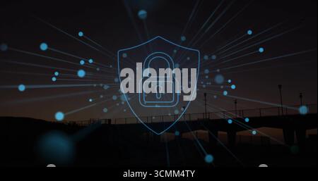 Displaying glowing blue padlock in shield on silhouetted pier at dusk, featuring network nodes Stock Photo