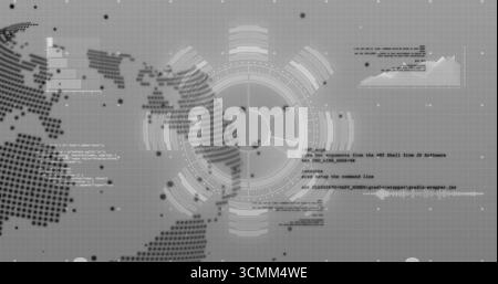 Displaying circular HUD element in virtual display, with grid background and world map patterns Stock Photo