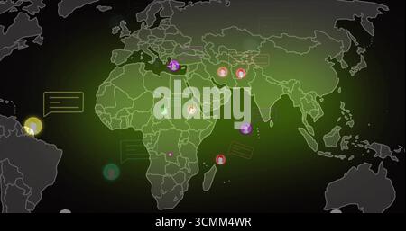 Displaying world map on dark screen showing communication nodes with glowing icons, faint lines Stock Photo