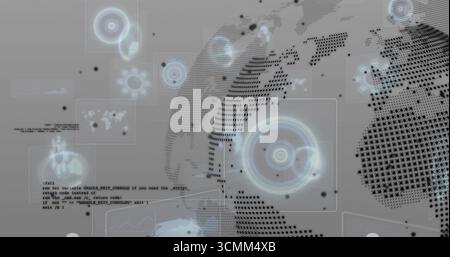 Displaying dotted globe spinning amid HUD panels in digital interface with data points, copy space Stock Photo